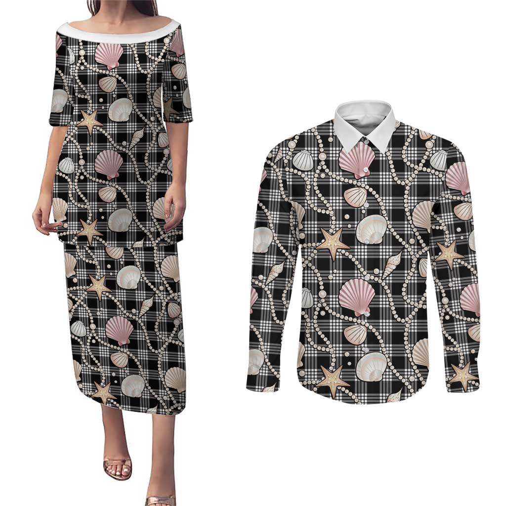 Hawaiian Ocean Seashells Couples Matching Puletasi and Long Sleeve Button Shirt Black Palaka Pattern