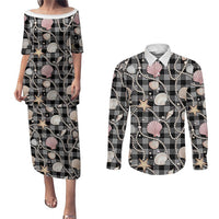Hawaiian Ocean Seashells Couples Matching Puletasi and Long Sleeve Button Shirt Black Palaka Pattern