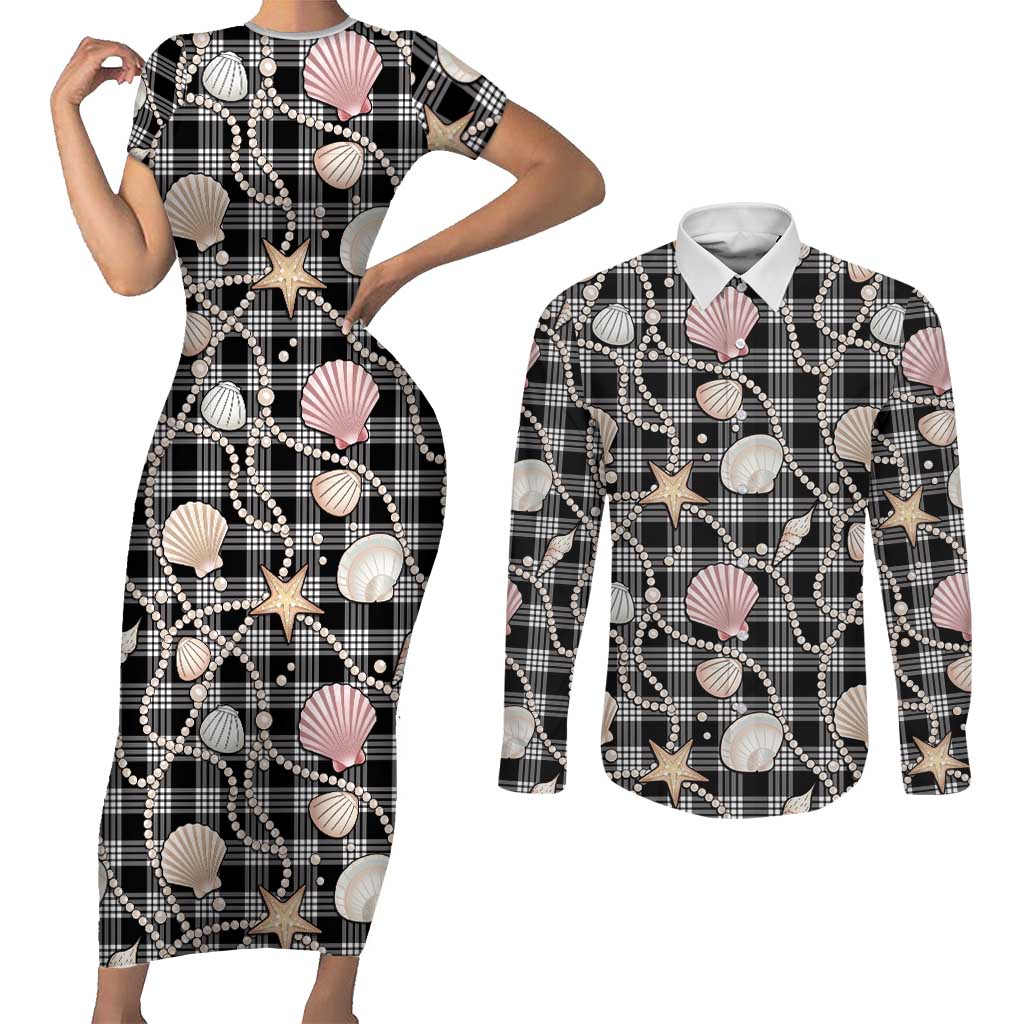 Hawaiian Ocean Seashells Couples Matching Short Sleeve Bodycon Dress and Long Sleeve Button Shirt Black Palaka Pattern LT01 Black - Polynesian Pride