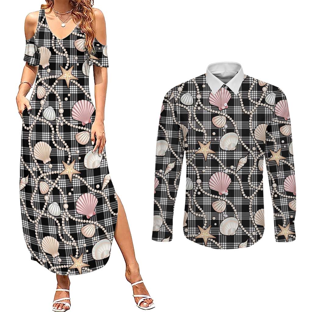 Hawaiian Ocean Seashells Couples Matching Summer Maxi Dress and Long Sleeve Button Shirt Black Palaka Pattern LT01 Black - Polynesian Pride