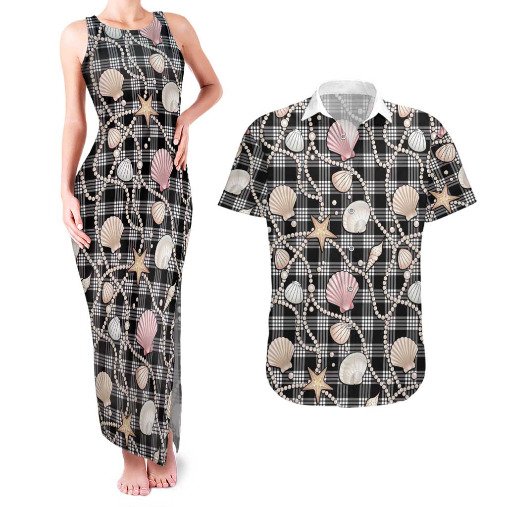 Hawaiian Ocean Seashells Couples Matching Tank Maxi Dress and Hawaiian Shirt Black Palaka Pattern LT01 Black - Polynesian Pride