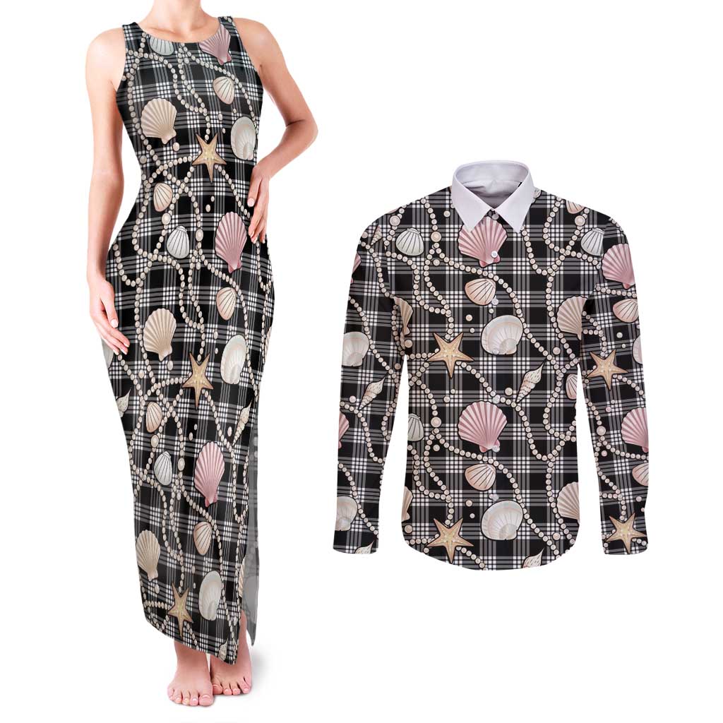 Hawaiian Ocean Seashells Couples Matching Tank Maxi Dress and Long Sleeve Button Shirt Black Palaka Pattern LT01 Black - Polynesian Pride