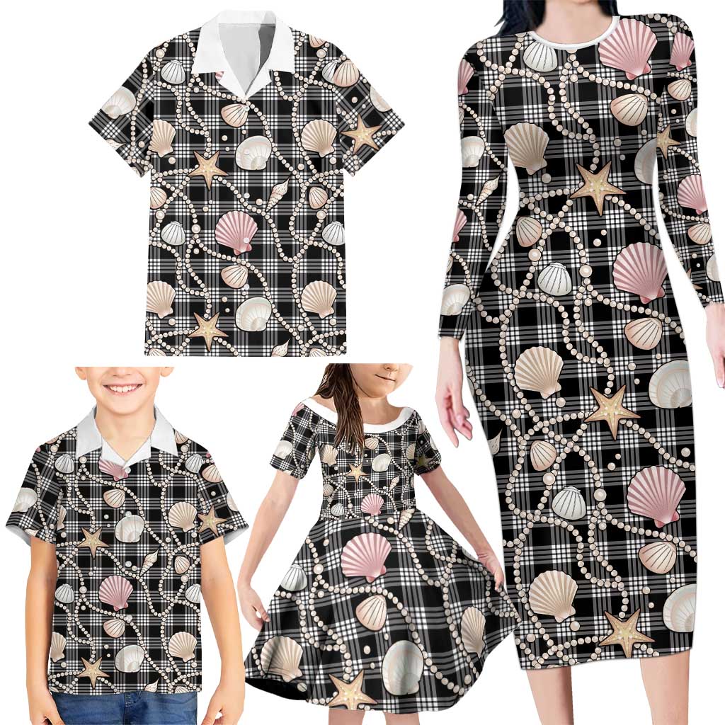 Hawaiian Ocean Seashells Family Matching Long Sleeve Bodycon Dress and Hawaiian Shirt Black Palaka Pattern