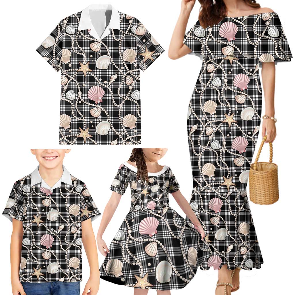 Hawaiian Ocean Seashells Family Matching Mermaid Dress and Hawaiian Shirt Black Palaka Pattern