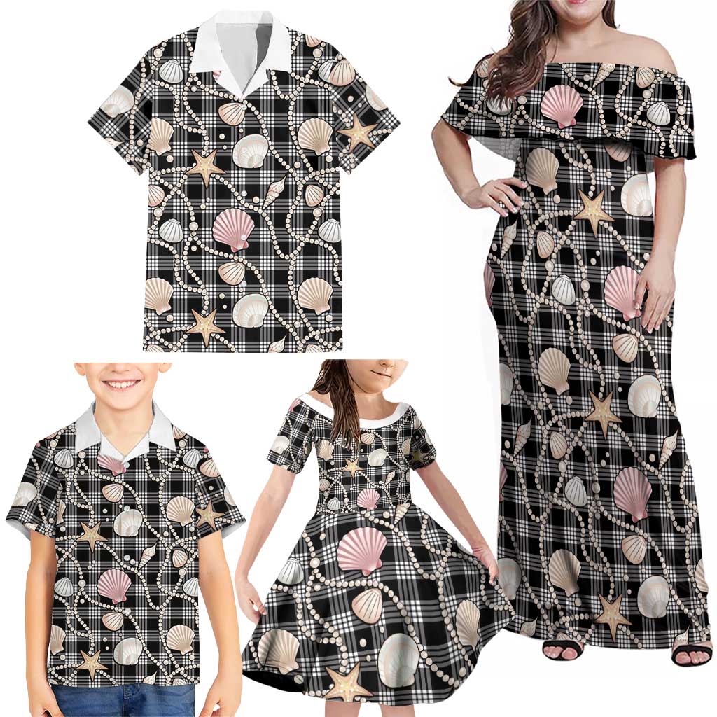 Hawaiian Ocean Seashells Family Matching Off Shoulder Maxi Dress and Hawaiian Shirt Black Palaka Pattern