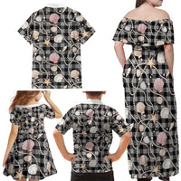Hawaiian Ocean Seashells Family Matching Off Shoulder Maxi Dress and Hawaiian Shirt Black Palaka Pattern