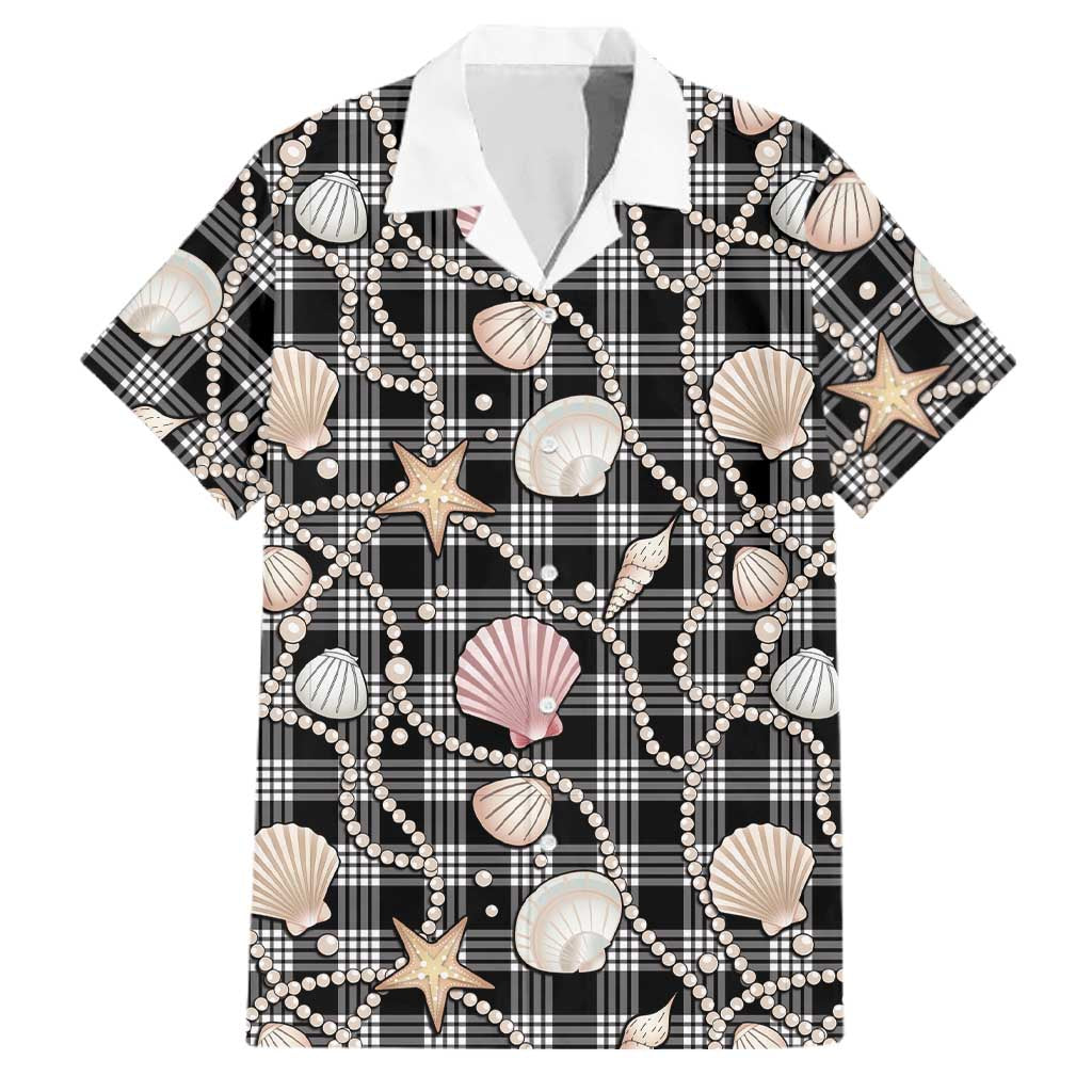 Hawaiian Ocean Seashells Family Matching Off Shoulder Maxi Dress and Hawaiian Shirt Black Palaka Pattern