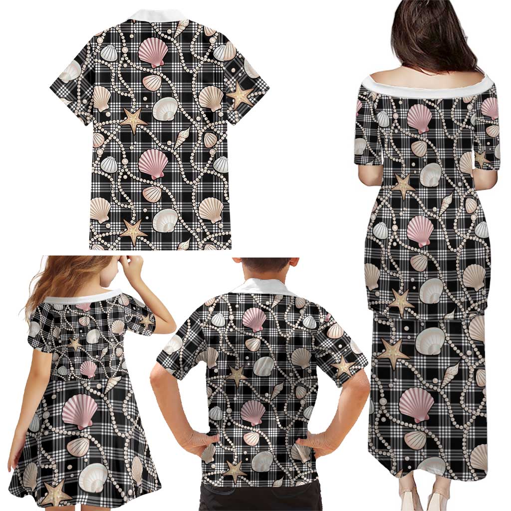 Hawaiian Ocean Seashells Family Matching Puletasi and Hawaiian Shirt Black Palaka Pattern