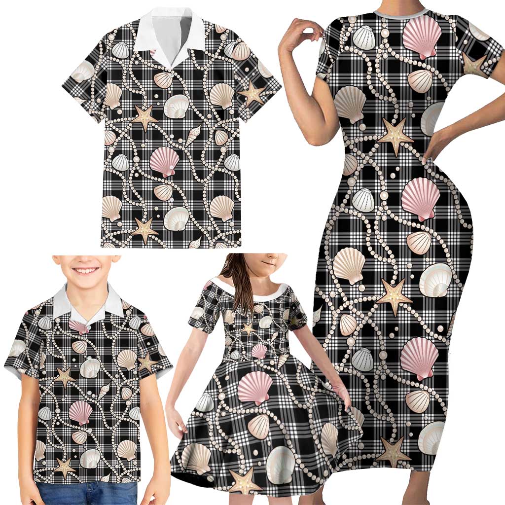 Hawaiian Ocean Seashells Family Matching Short Sleeve Bodycon Dress and Hawaiian Shirt Black Palaka Pattern LT01 - Polynesian Pride