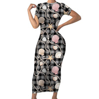 Hawaiian Ocean Seashells Family Matching Short Sleeve Bodycon Dress and Hawaiian Shirt Black Palaka Pattern LT01 Mom's Dress Black - Polynesian Pride