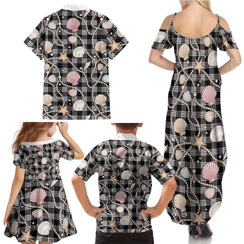Hawaiian Ocean Seashells Family Matching Summer Maxi Dress and Hawaiian Shirt Black Palaka Pattern