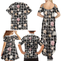 Hawaiian Ocean Seashells Family Matching Summer Maxi Dress and Hawaiian Shirt Black Palaka Pattern