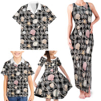 Hawaiian Ocean Seashells Family Matching Tank Maxi Dress and Hawaiian Shirt Black Palaka Pattern