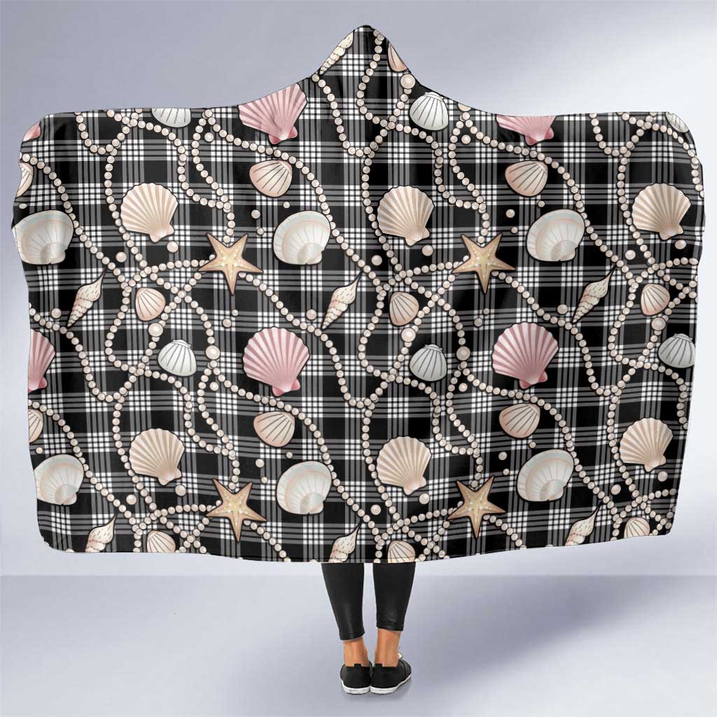 Hawaiian Ocean Seashells Hooded Blanket Black Palaka Pattern