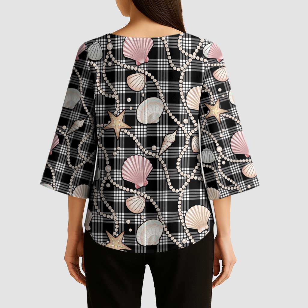 Hawaiian Ocean Seashells Kimono Sleeve Blouse Black Palaka Pattern
