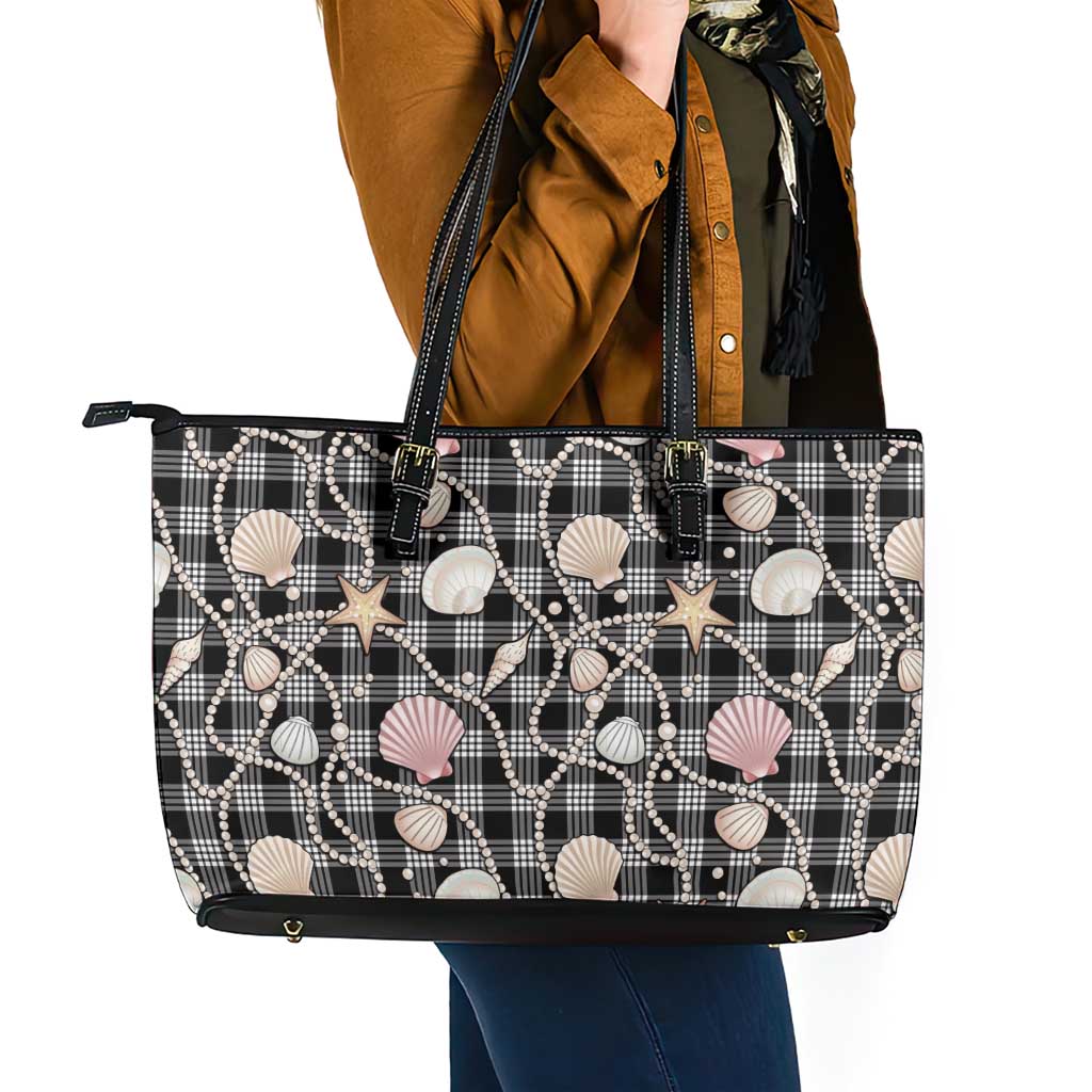 Hawaiian Ocean Seashells Leather Tote Bag Black Palaka Pattern