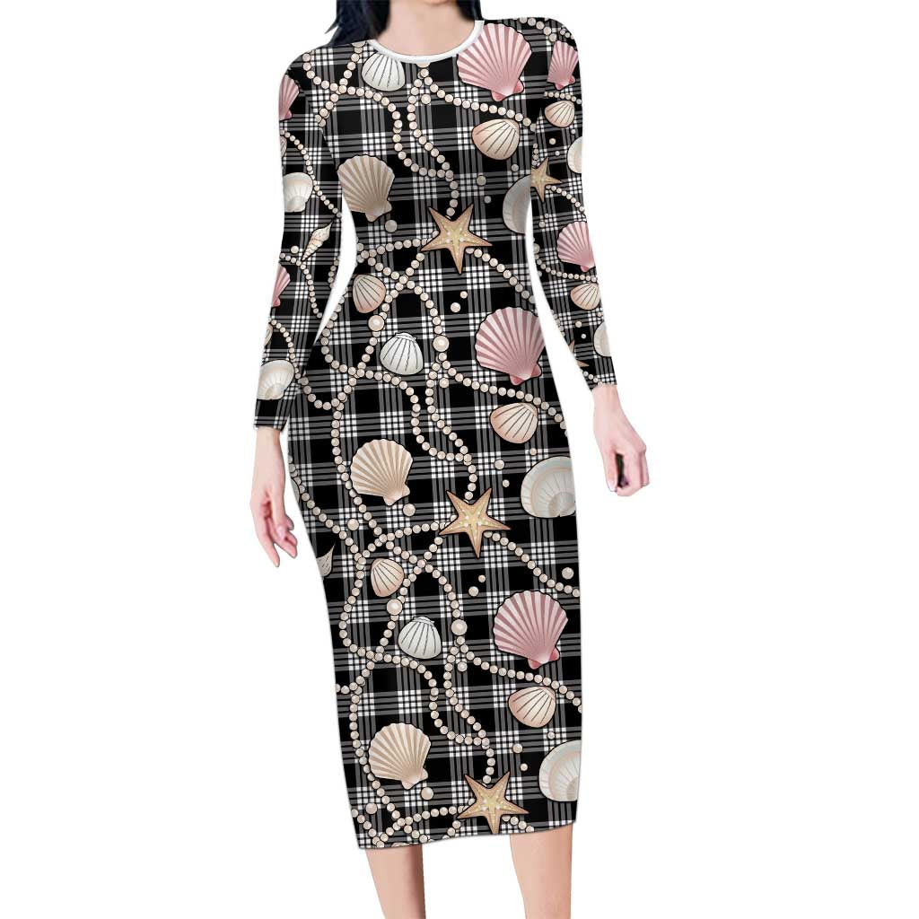 Hawaiian Ocean Seashells Long Sleeve Bodycon Dress Black Palaka Pattern