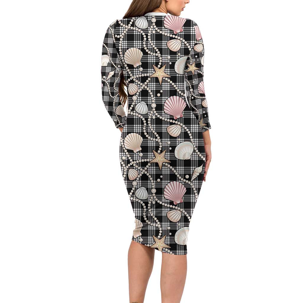 Hawaiian Ocean Seashells Long Sleeve Bodycon Dress Black Palaka Pattern