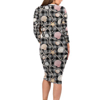 Hawaiian Ocean Seashells Long Sleeve Bodycon Dress Black Palaka Pattern