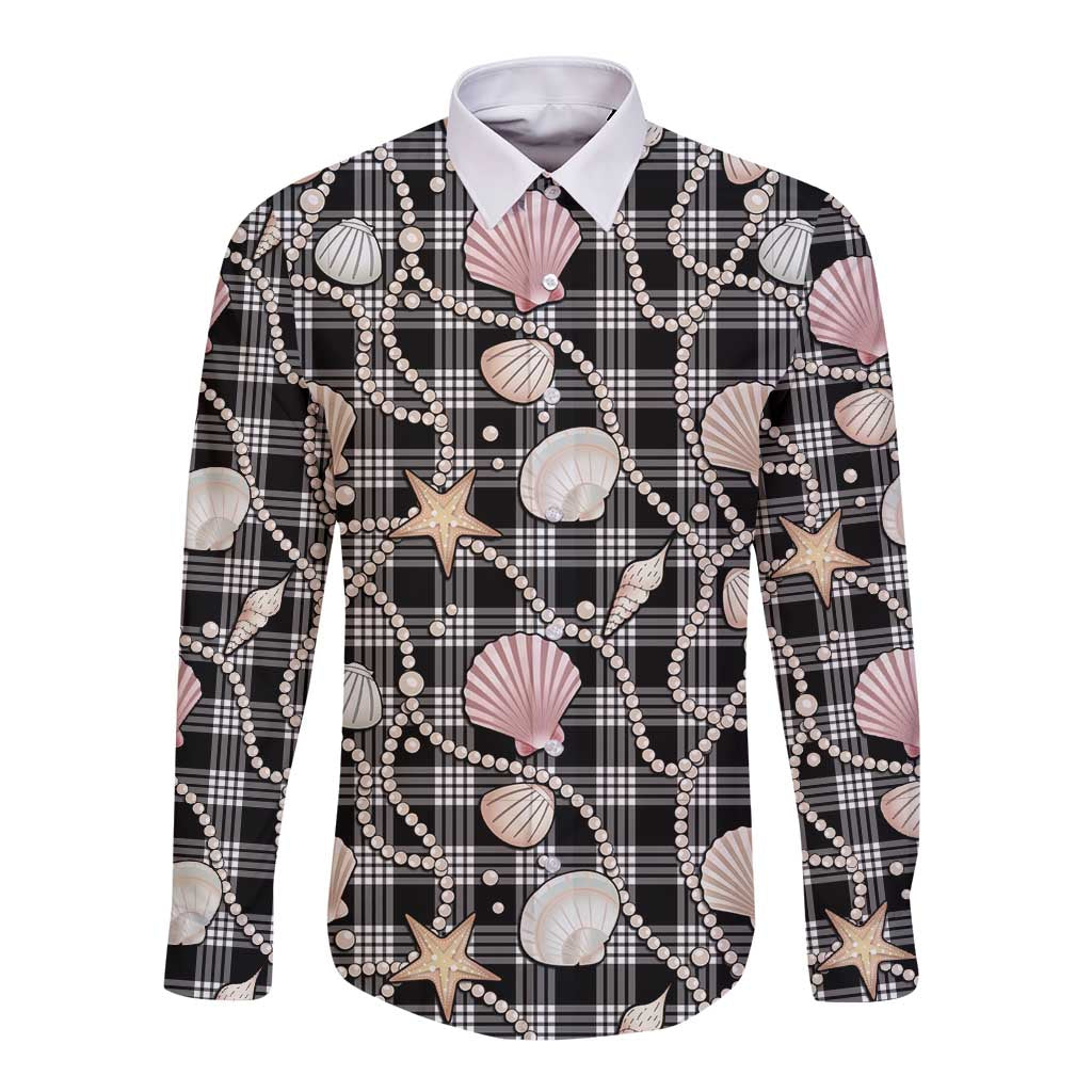 Hawaiian Ocean Seashells Long Sleeve Button Shirt Black Palaka Pattern