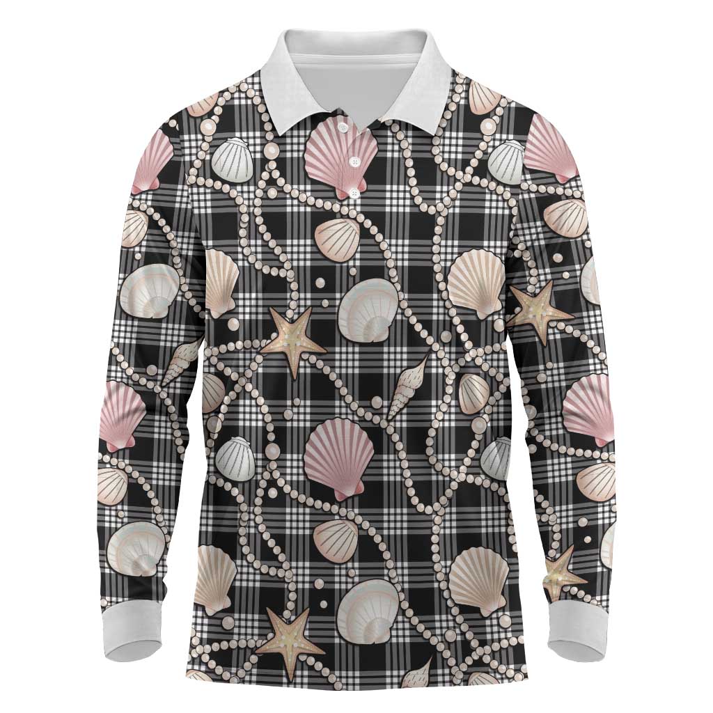 Hawaiian Ocean Seashells Long Sleeve Polo Shirt Black Palaka Pattern LT01 Black - Polynesian Pride