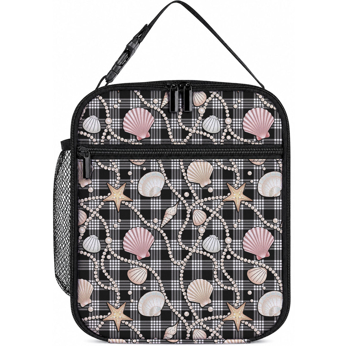Hawaiian Ocean Seashells Lunch Bag Black Palaka Pattern LT01 10.2 × 8.3 × 4.3 inch Black - Polynesian Pride