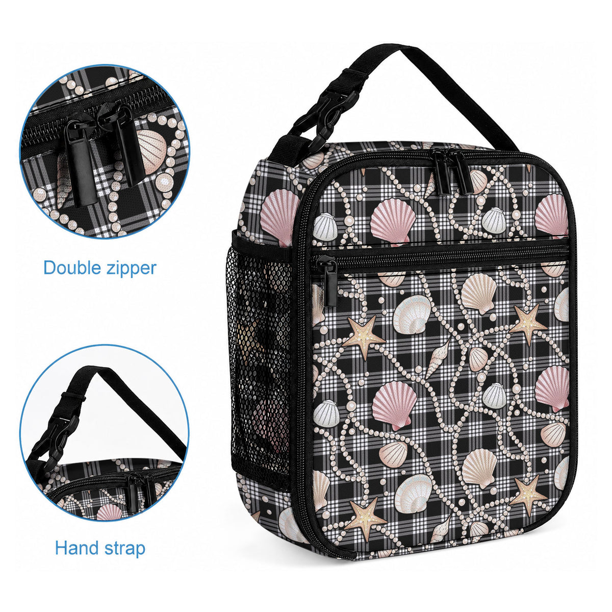 Hawaiian Ocean Seashells Lunch Bag Black Palaka Pattern LT01 - Polynesian Pride