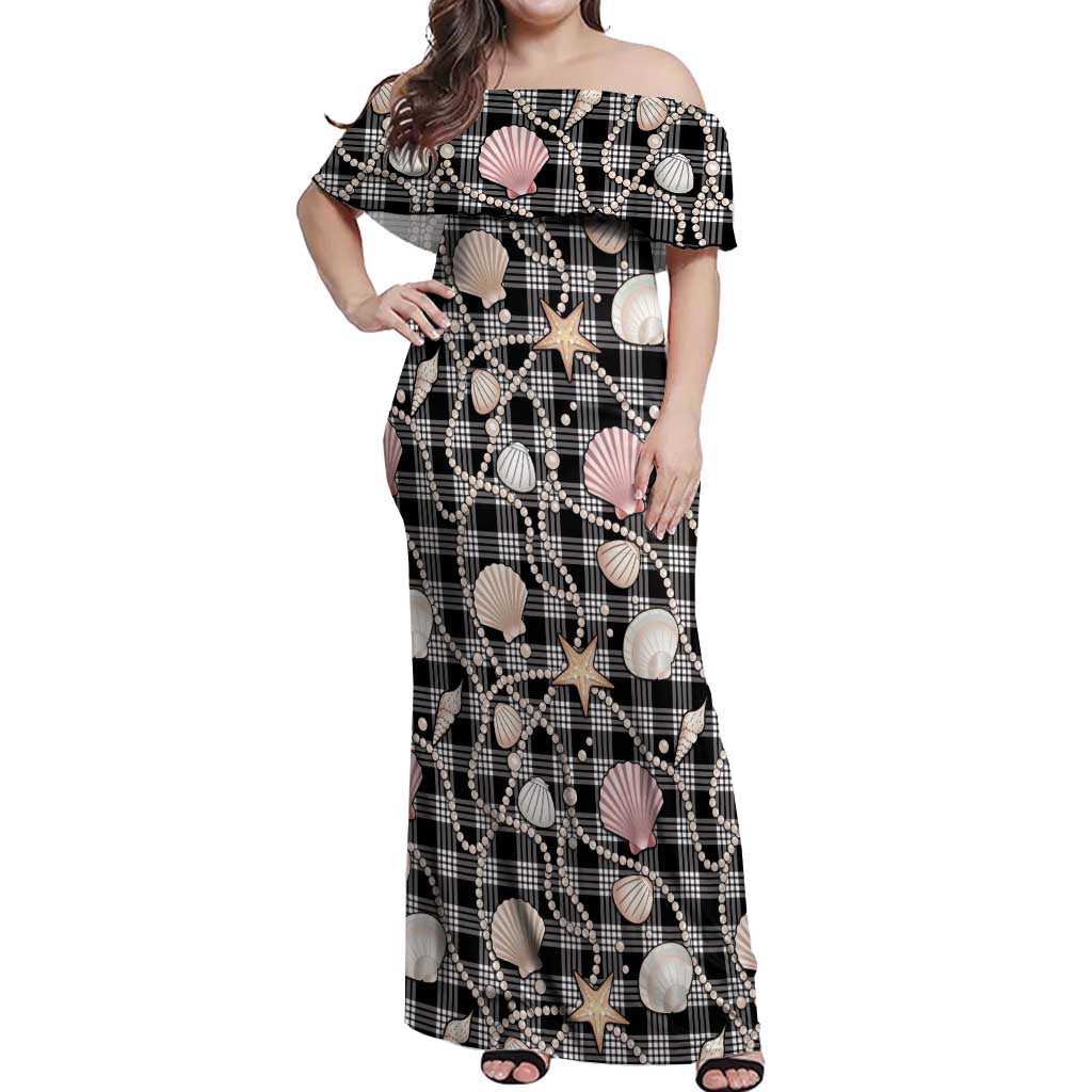 Hawaiian Ocean Seashells Off Shoulder Maxi Dress Black Palaka Pattern