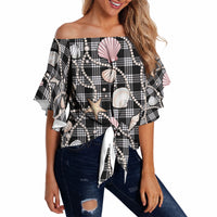 Hawaiian Ocean Seashells Off Shoulder Wrap Waist Top Black Palaka Pattern LT01 - Polynesian Pride