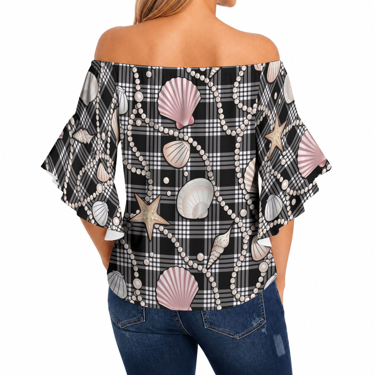 Hawaiian Ocean Seashells Off Shoulder Wrap Waist Top Black Palaka Pattern LT01 - Polynesian Pride