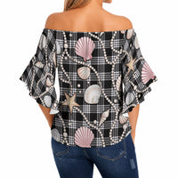 Hawaiian Ocean Seashells Off Shoulder Wrap Waist Top Black Palaka Pattern LT01 - Polynesian Pride