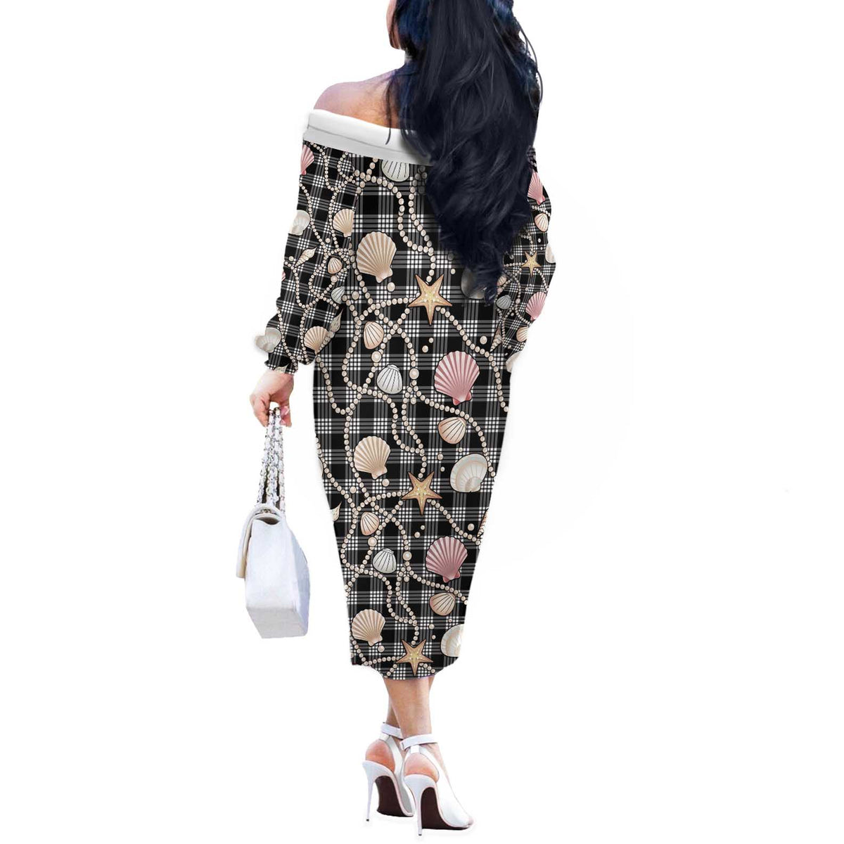Hawaiian Ocean Seashells Off The Shoulder Long Sleeve Dress Black Palaka Pattern LT01 - Polynesian Pride