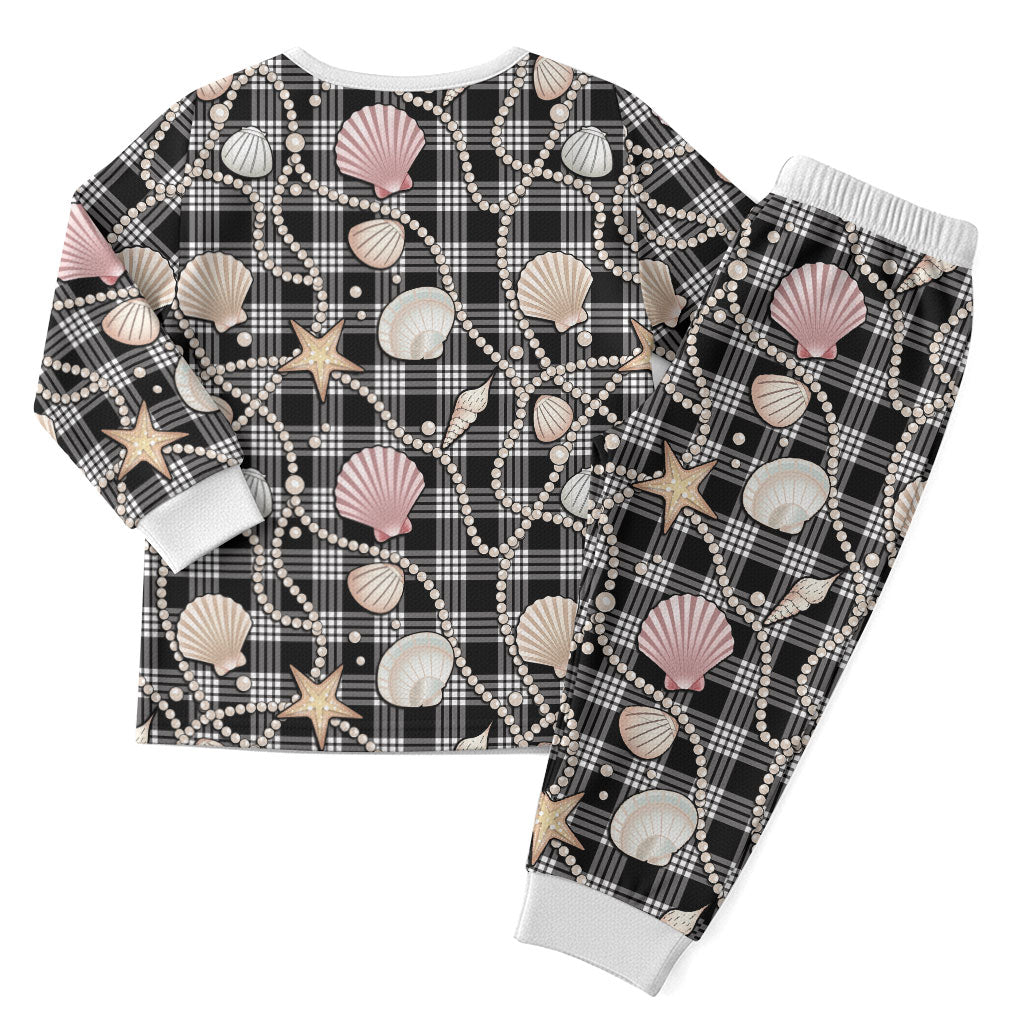 Hawaiian Ocean Seashells Christmas Pajama Set Black Palaka Pattern LT01 - Polynesian Pride