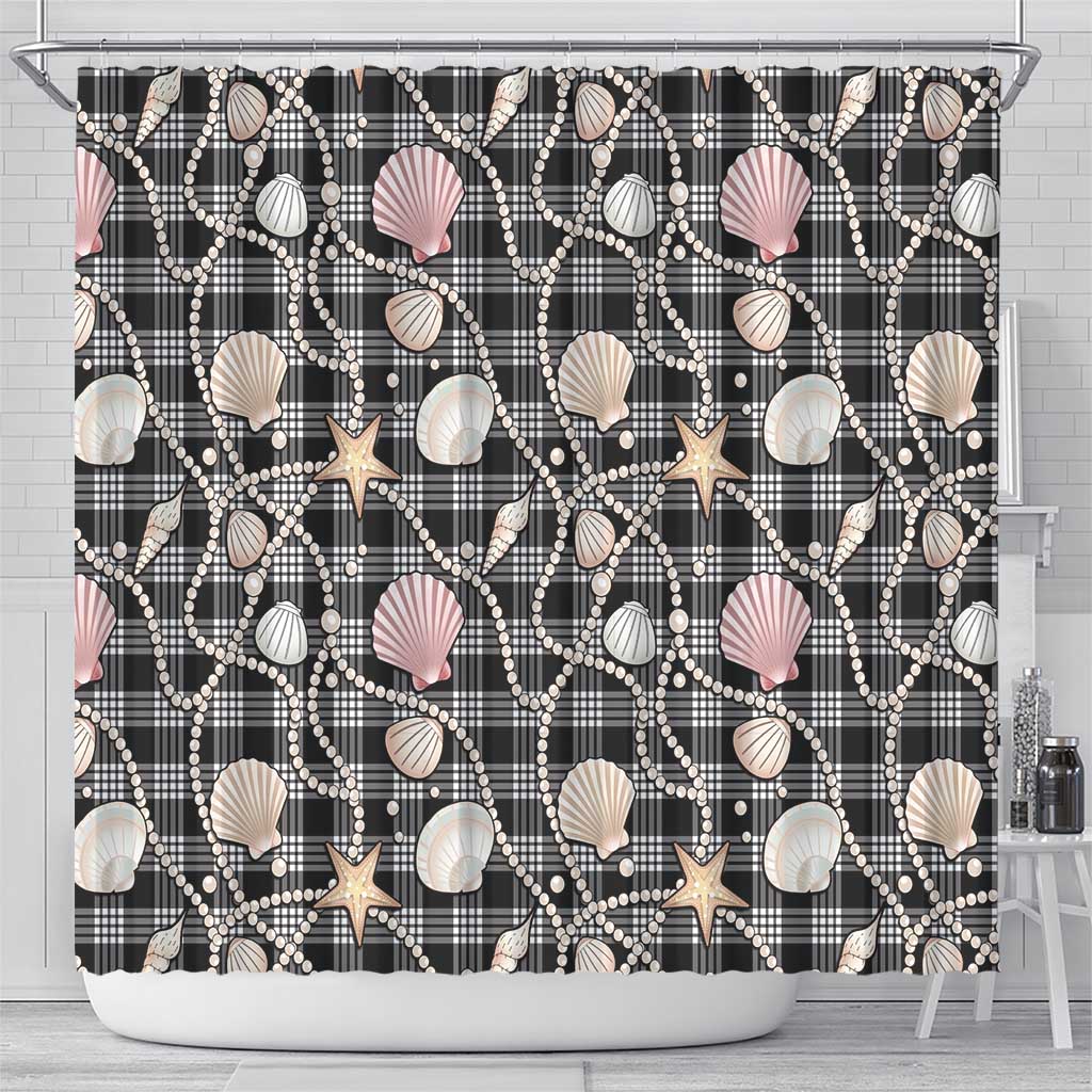 Hawaiian Ocean Seashells Shower Curtain Black Palaka Pattern