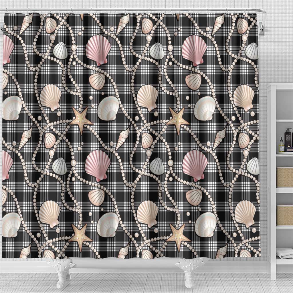 Hawaiian Ocean Seashells Shower Curtain Black Palaka Pattern