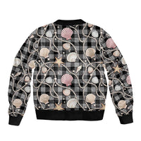 Hawaiian Ocean Seashells Sleeve Zip Bomber Jacket Black Palaka Pattern
