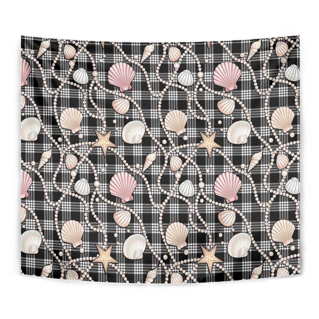 Hawaiian Ocean Seashells Tapestry Black Palaka Pattern