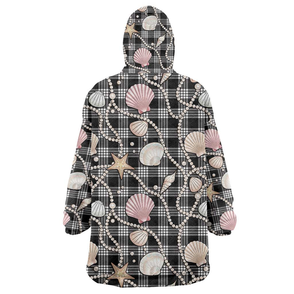 Hawaiian Ocean Seashells Wearable Blanket Hoodie Black Palaka Pattern