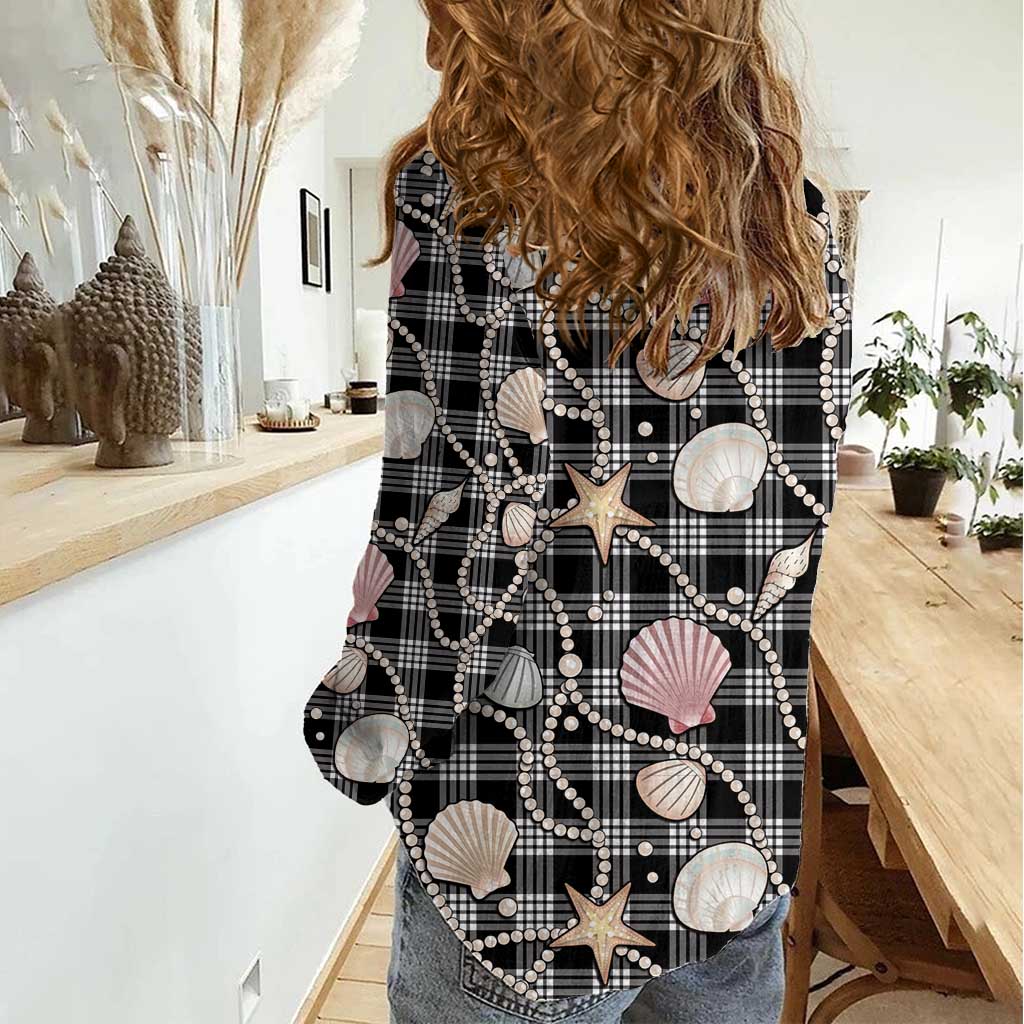 Hawaiian Ocean Seashells Women Casual Shirt Black Palaka Pattern LT01 - Polynesian Pride