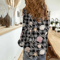 Hawaiian Ocean Seashells Women Casual Shirt Black Palaka Pattern LT01 - Polynesian Pride