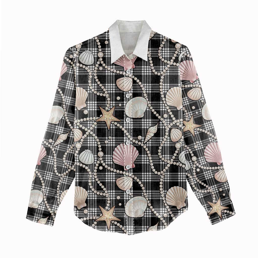 Hawaiian Ocean Seashells Women Casual Shirt Black Palaka Pattern LT01 - Polynesian Pride