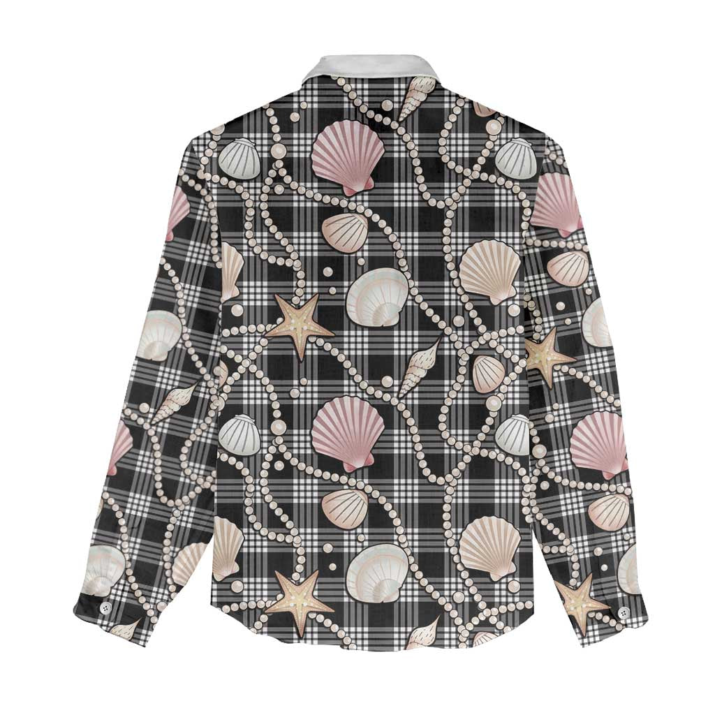 Hawaiian Ocean Seashells Women Casual Shirt Black Palaka Pattern LT01 - Polynesian Pride