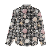 Hawaiian Ocean Seashells Women Casual Shirt Black Palaka Pattern LT01 - Polynesian Pride