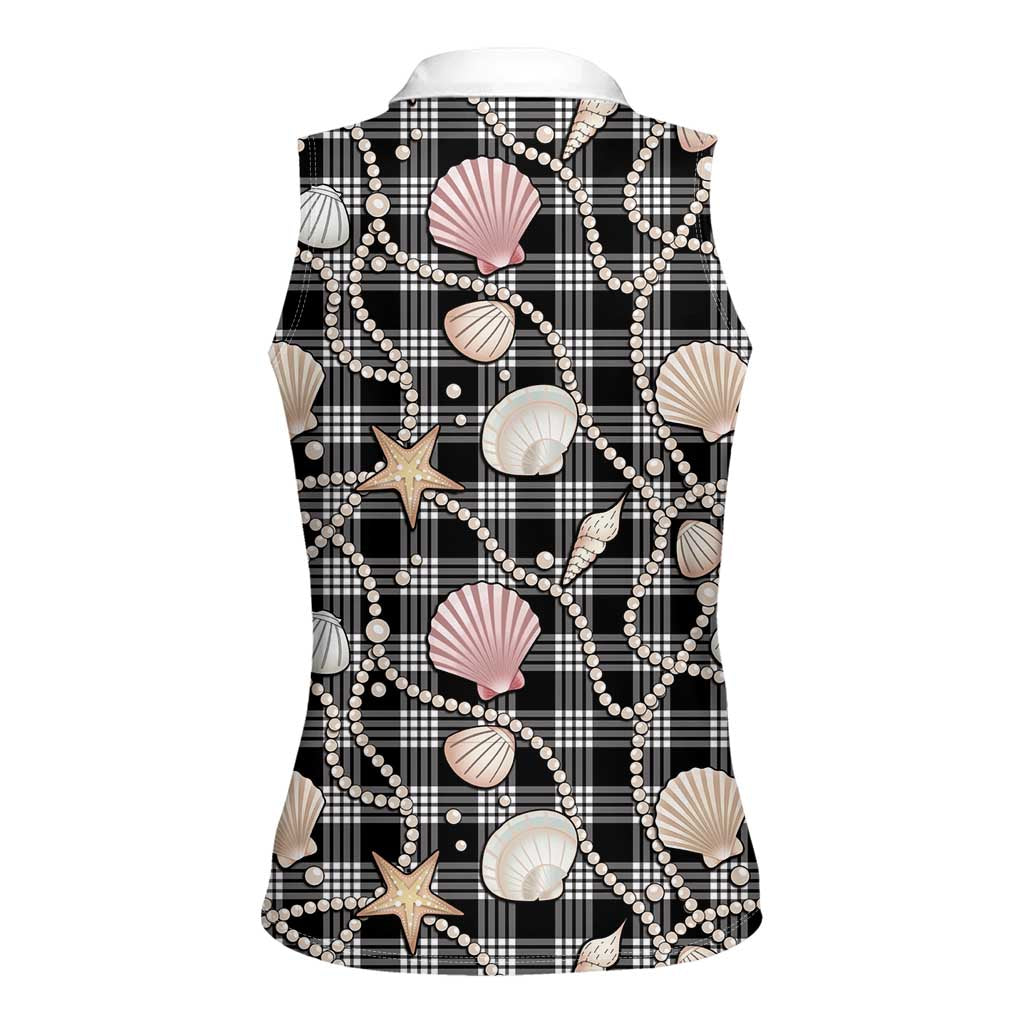 Hawaiian Ocean Seashells Women Sleeveless Polo Shirt Black Palaka Pattern