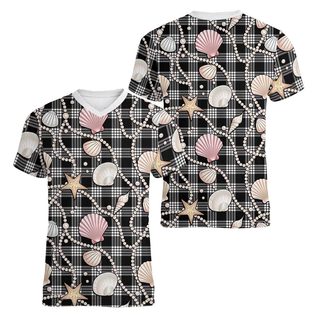 Hawaiian Ocean Seashells Women V-Neck T-Shirt Black Palaka Pattern