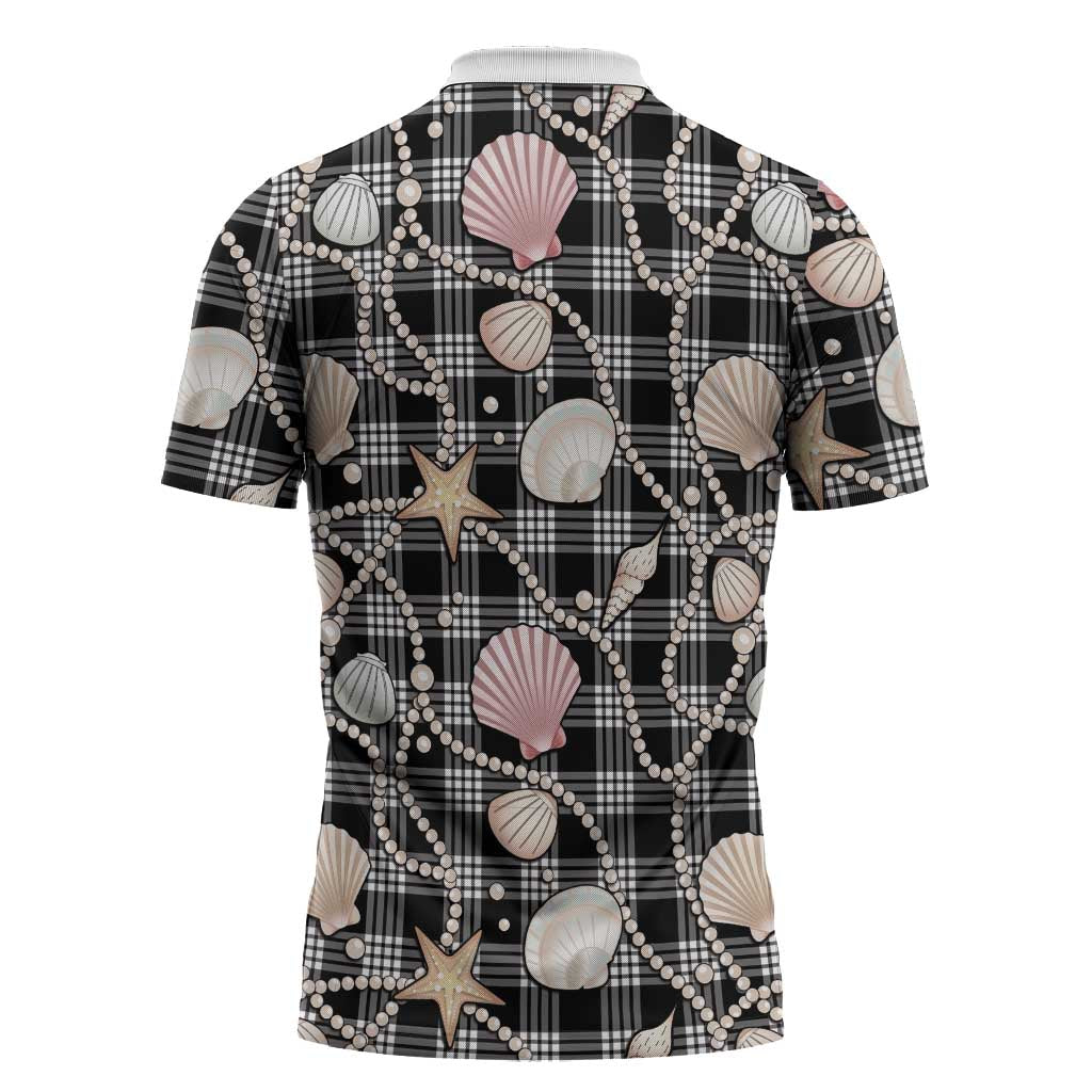 Hawaiian Ocean Seashells Zipper Polo Shirt Black Palaka Pattern