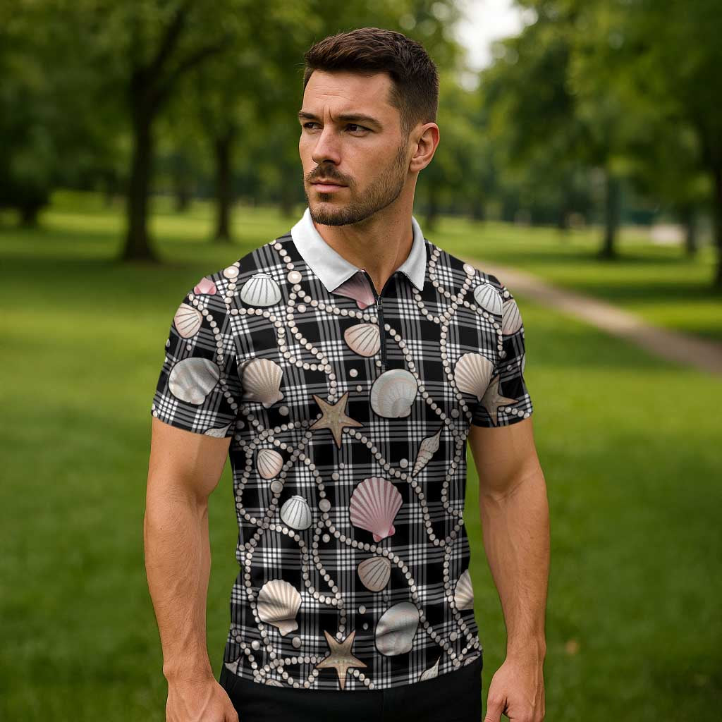 Hawaiian Ocean Seashells Zipper Polo Shirt Black Palaka Pattern