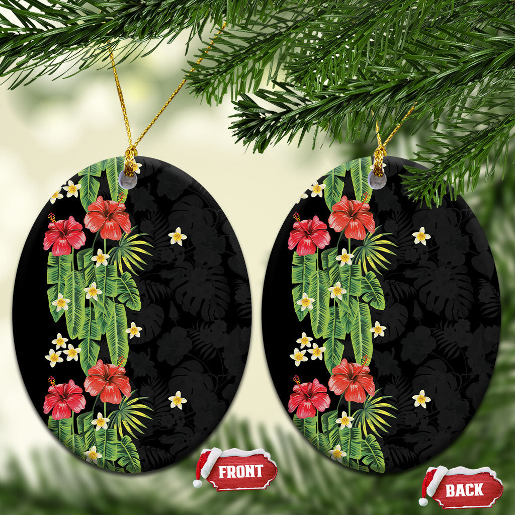 Hawaiian Hibiscus Plumeria Ceramic Ornament Tropical Leaves LT01 Oval Black - Polynesian Pride