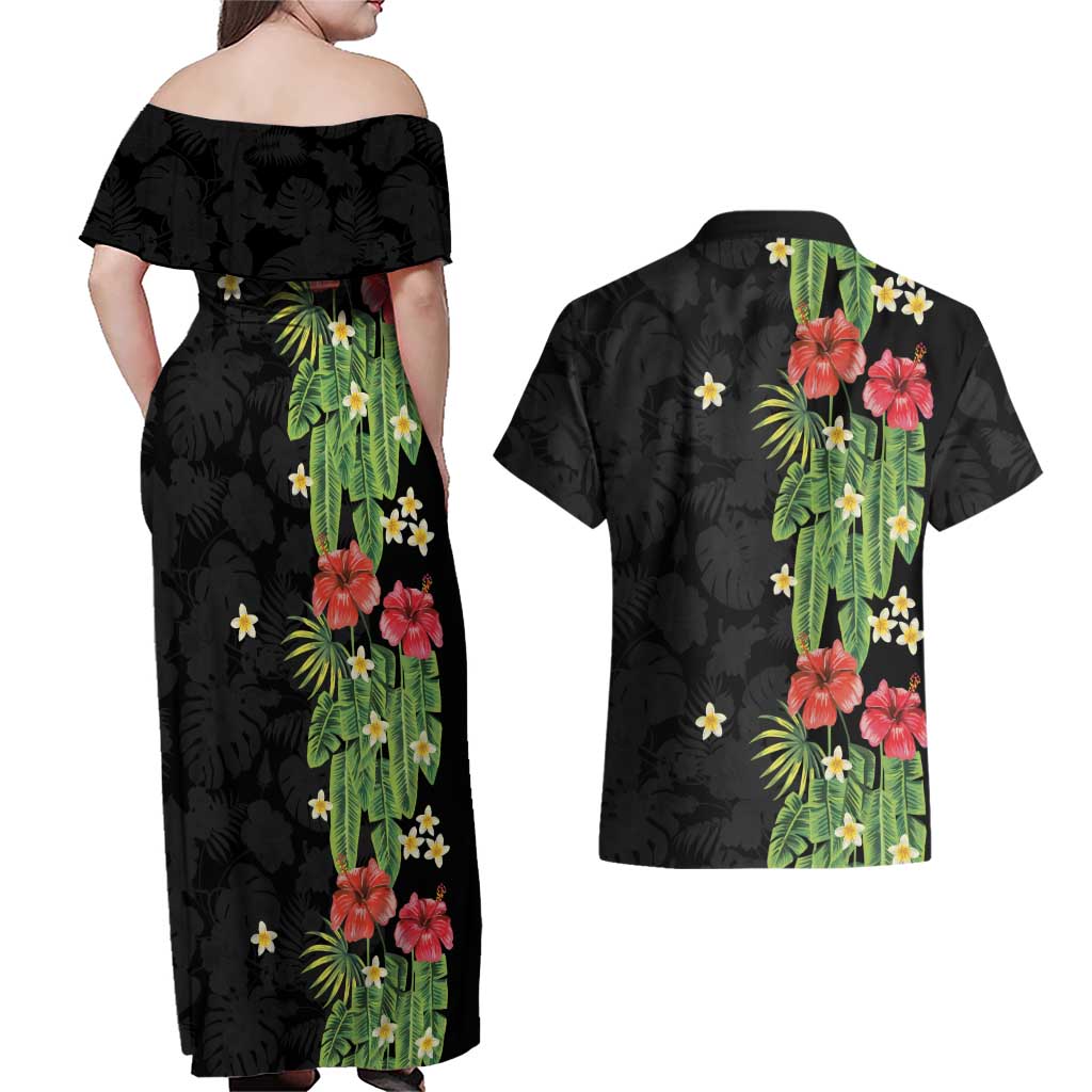 Hawaiian Hibiscus Plumeria Couples Matching Off Shoulder Maxi Dress and Hawaiian Shirt Tropical Leaves LT01 - Polynesian Pride