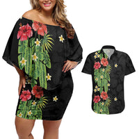 Hawaiian Hibiscus Plumeria Couples Matching Off Shoulder Short Dress and Hawaiian Shirt Tropical Leaves LT01 Black - Polynesian Pride